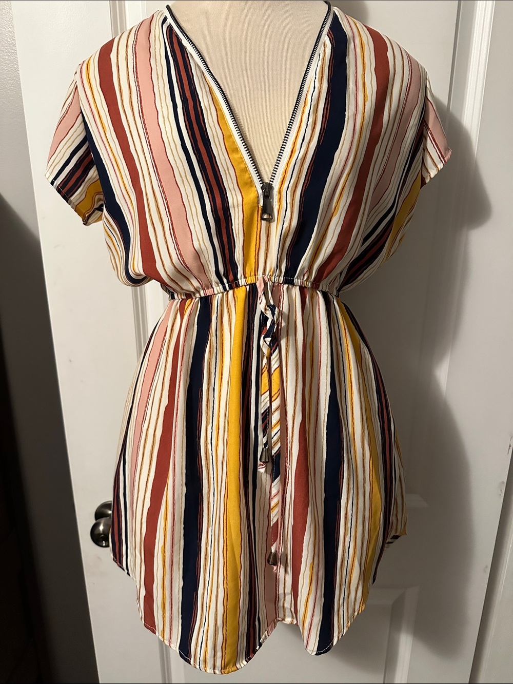 Streetwear Society Multicolor Striped V-Neck Tunic with Drawstring